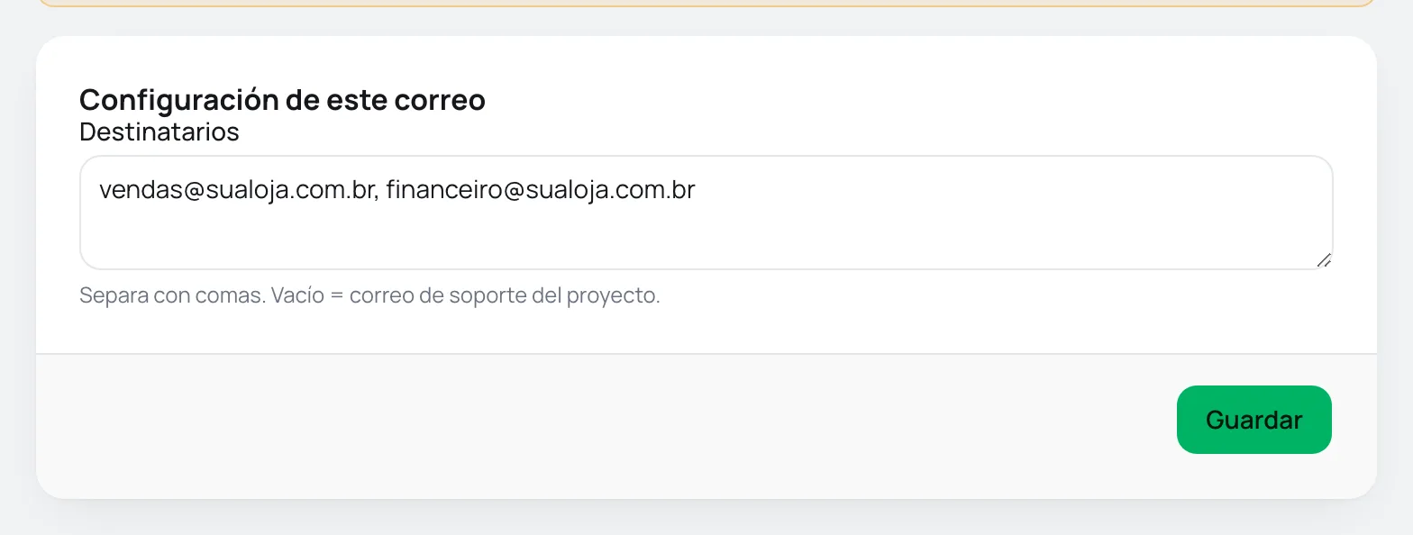 Tarjeta de configuración del correo de aviso de nueva venta con dos destinatarios