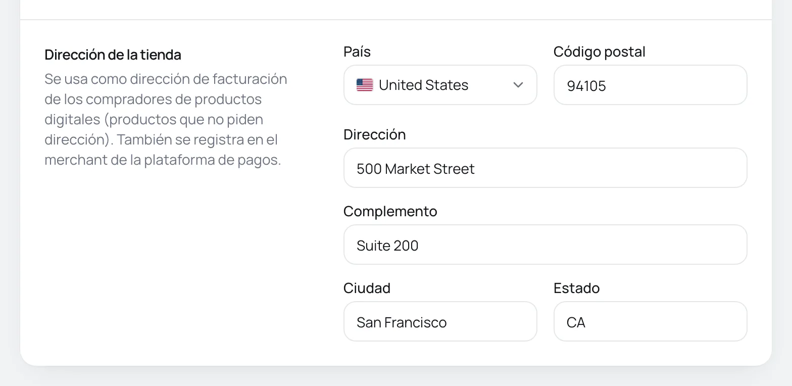 Tarjeta Dirección de la tienda con país, código postal, dirección, complemento, ciudad y estado