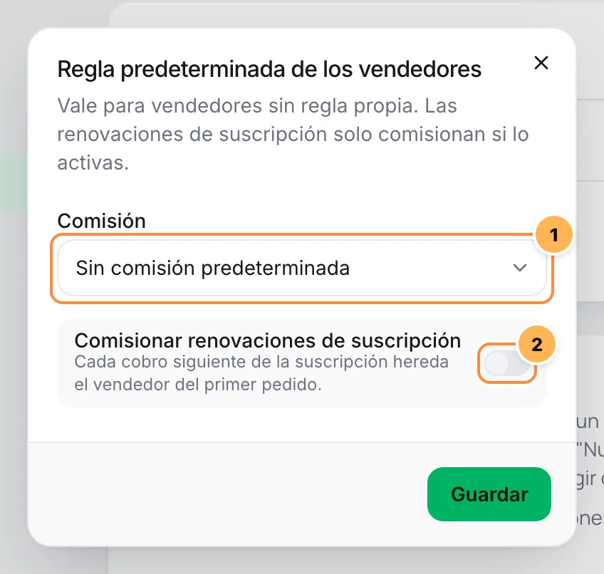 Ventana Regla predeterminada de los vendedores con el tipo de comisión y la opción de dar comisión en las renovaciones numerados