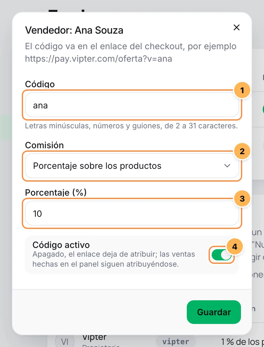 Ventana del vendedor con código, tipo de comisión, porcentaje y código activo numerados