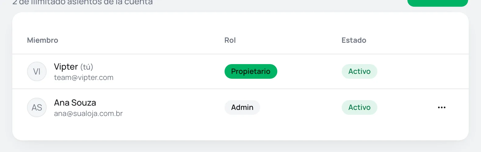 Tabla del equipo con el propietario y una admin, cada uno con rol y estado