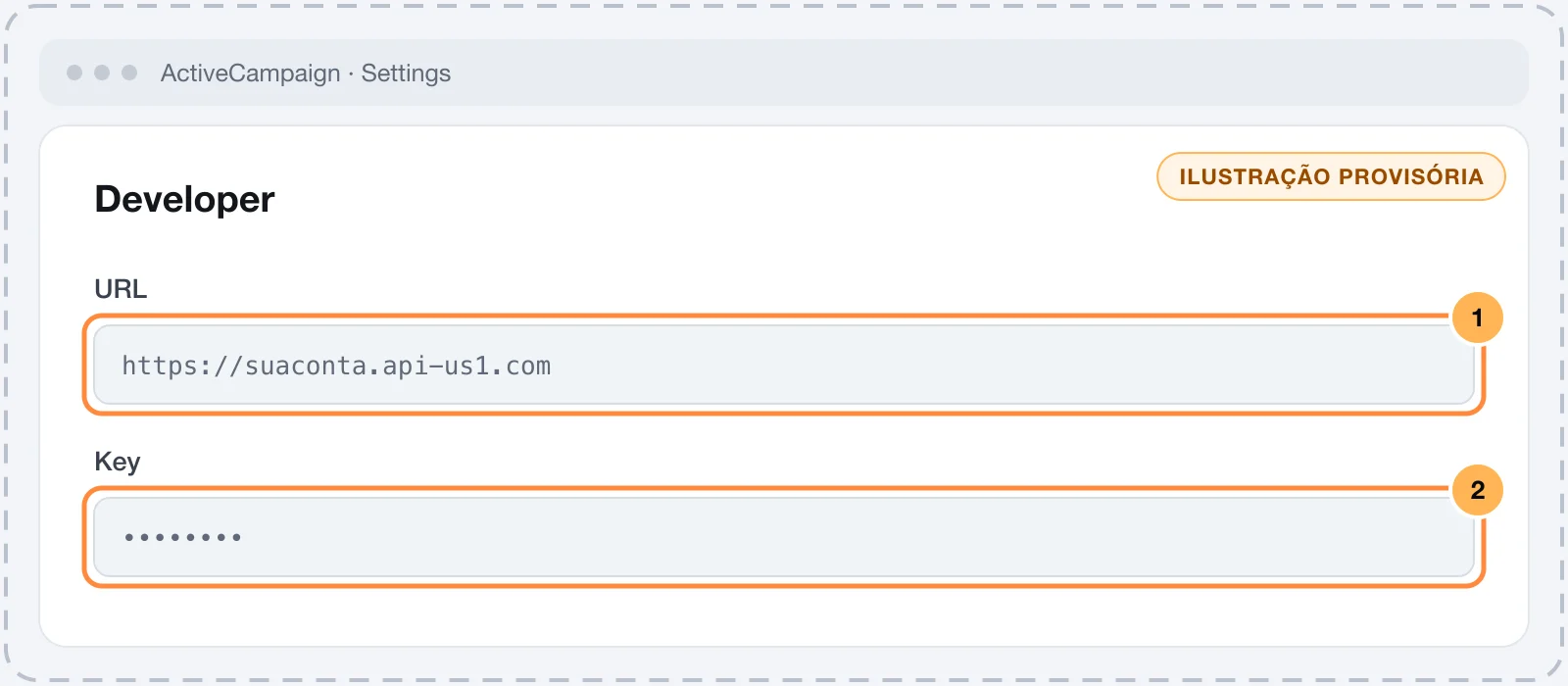 Página Developer de la configuración de ActiveCampaign con la URL y la clave de la API
