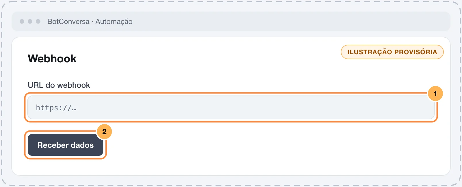 Webhook creado en BotConversa, con la URL y el botón Receber dados