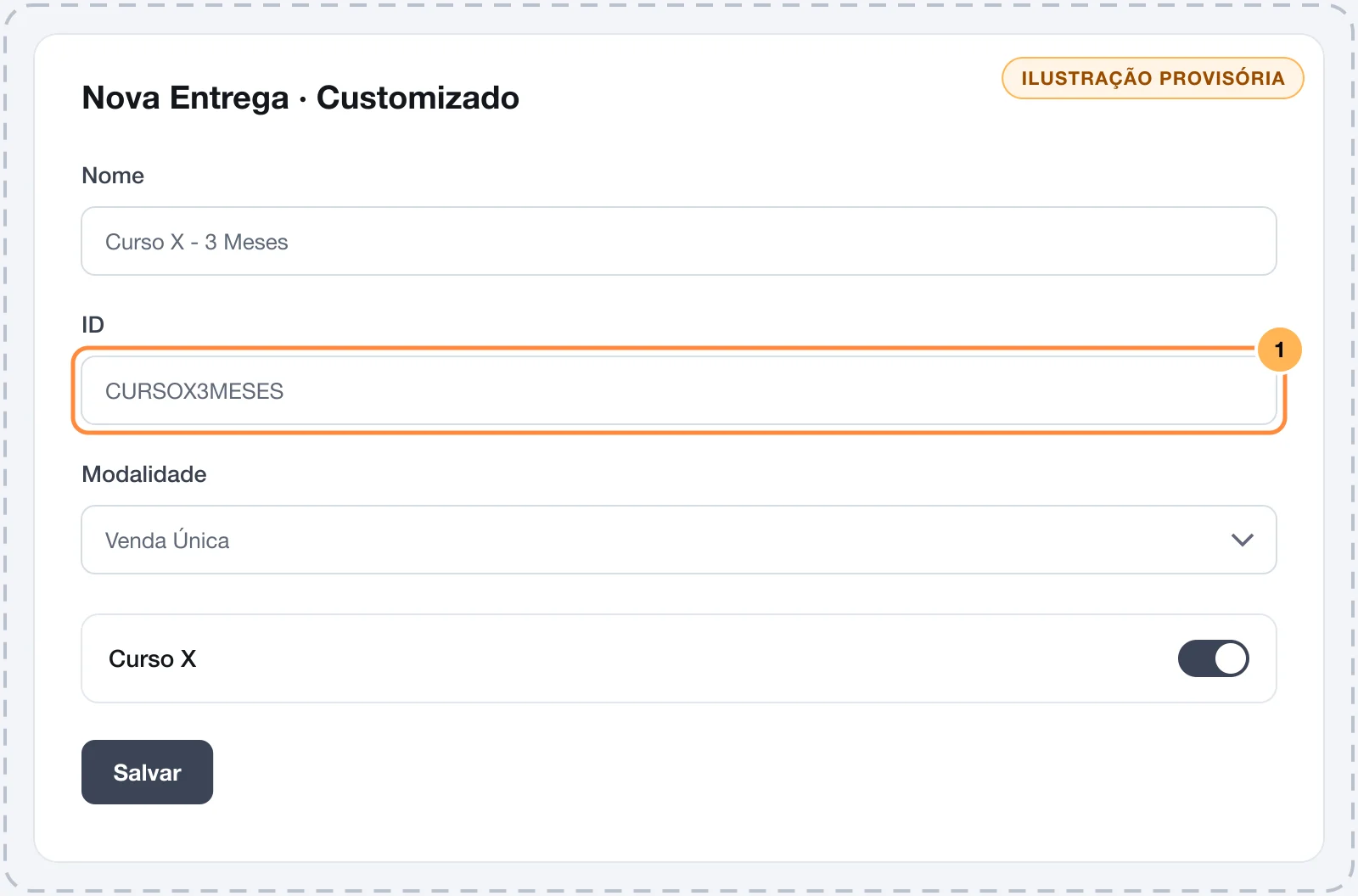 Nova entrega Customizado na Cademí, com o campo ID destacado