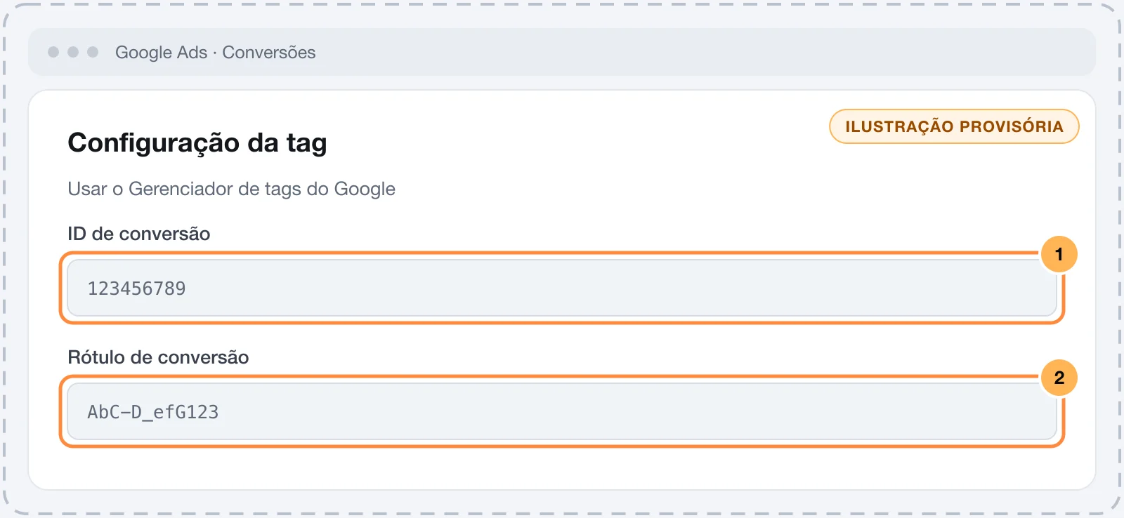Configuração da tag de uma ação de conversão do Google Ads com o ID de conversão e o rótulo de conversão numerados