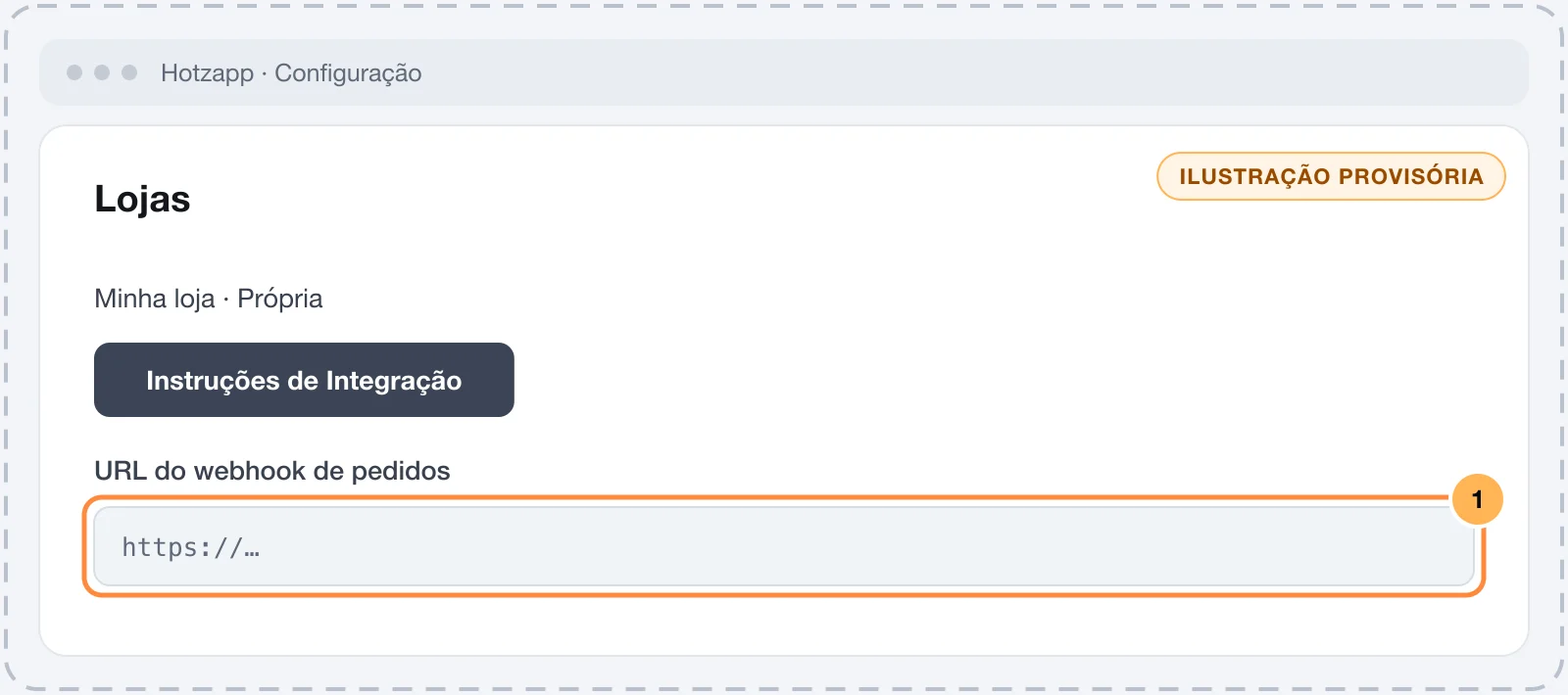 Loja com plataforma Própria na Hotzapp e a URL do webhook de pedidos nas Instruções de Integração