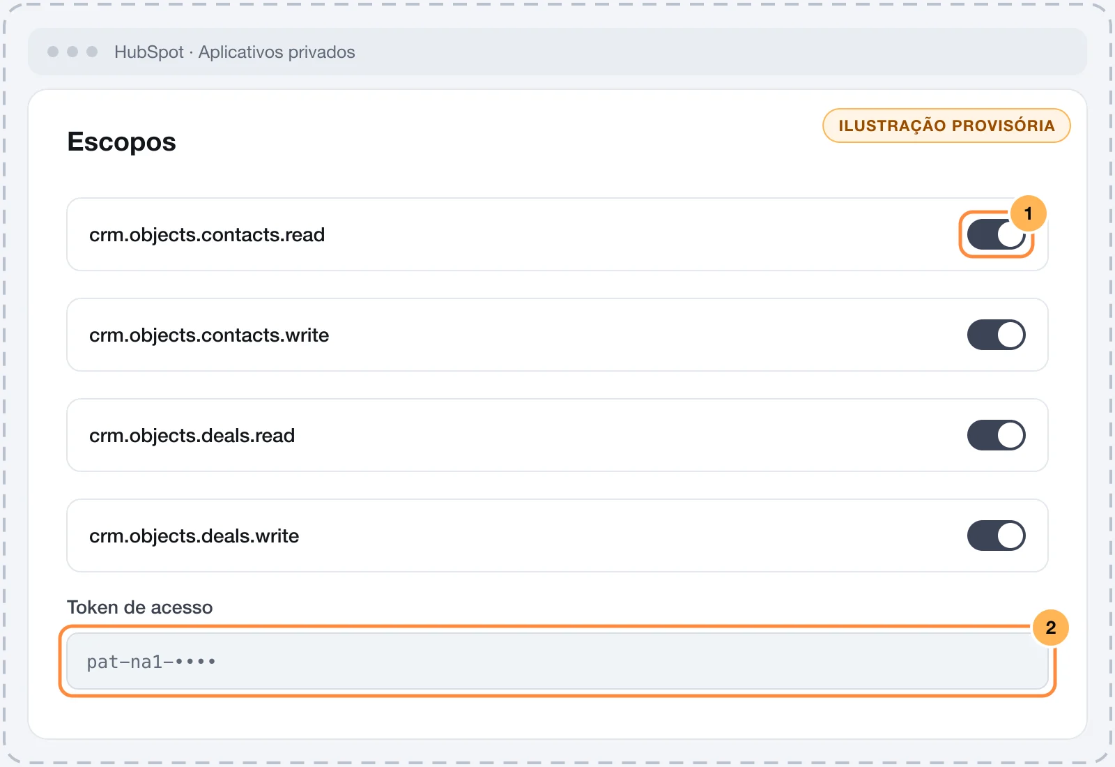 Creación de una aplicación privada en HubSpot con los alcances de contactos y negocios marcados