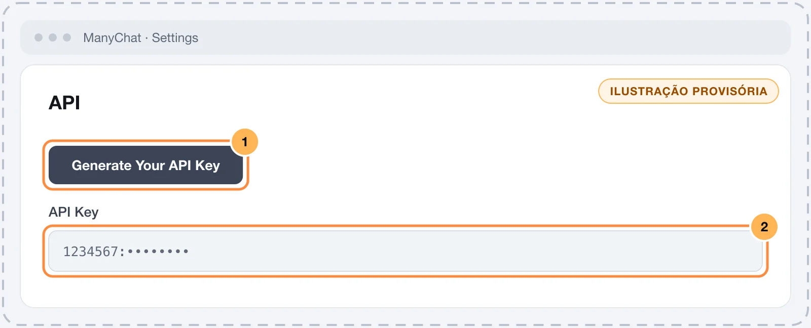 API page of the ManyChat settings, with the button to generate the token