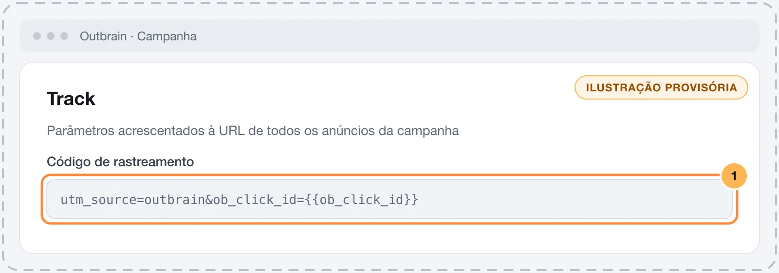 Caixa Track de uma campanha da Outbrain com o parâmetro ob_click_id no código de rastreamento