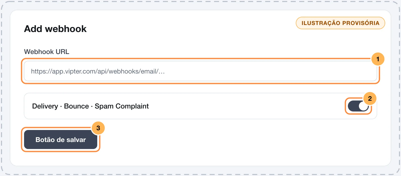 Novo webhook no Postmark com a URL do Vipter e os eventos Delivery, Bounce e Spam Complaint