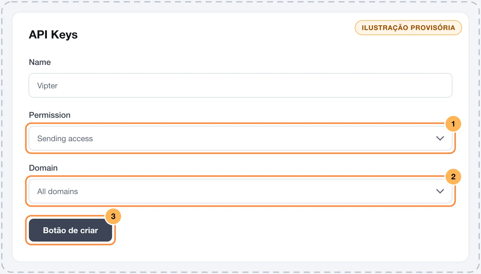 Criação de API key no Resend com a permissão Sending access