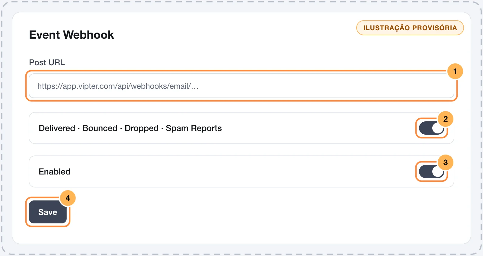 Event Webhook do SendGrid com a URL do Vipter e os eventos marcados