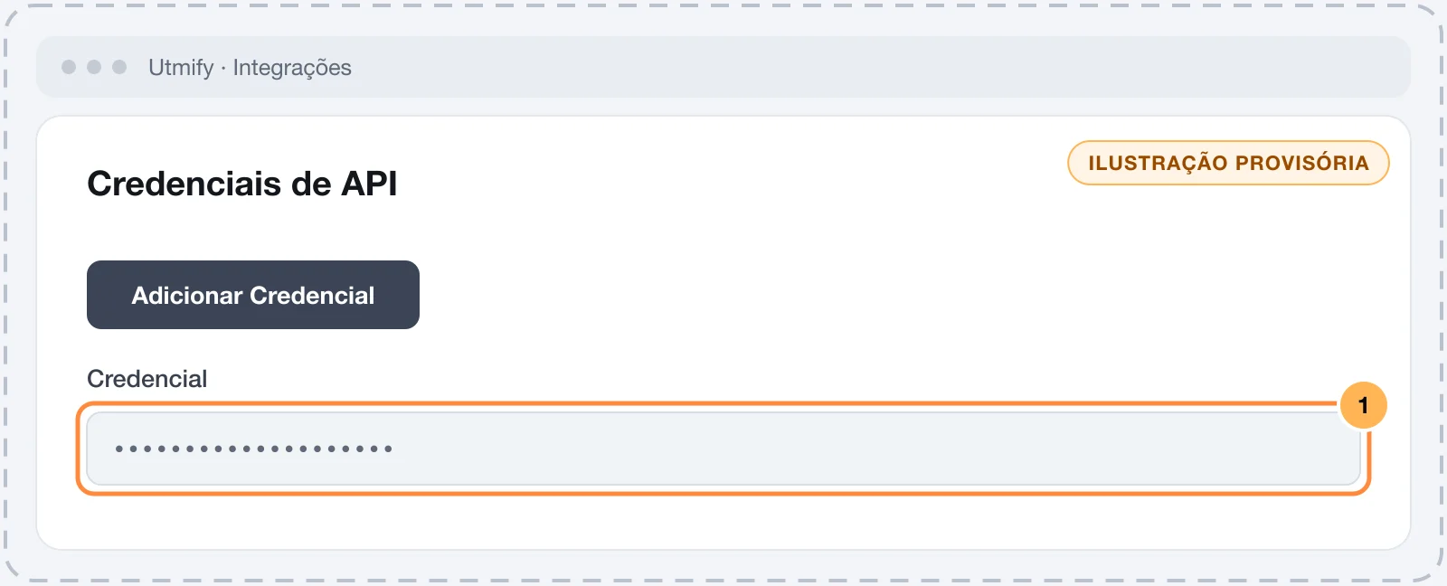 Tela Credenciais de API da Utmify com a credencial criada e o botão de copiar numerado
