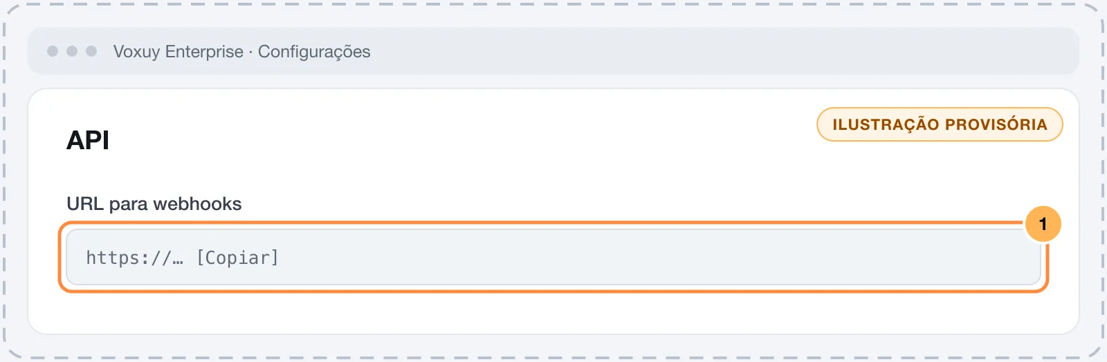 Página API da App Store da Voxuy Enterprise com a URL para webhooks e o botão Copiar