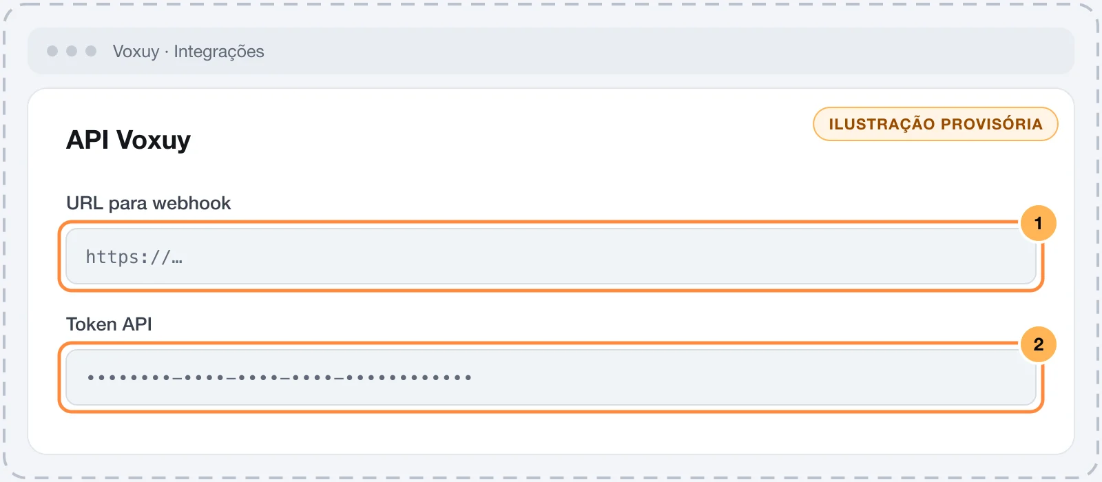 Página API Voxuy com a URL para webhook e o Token API