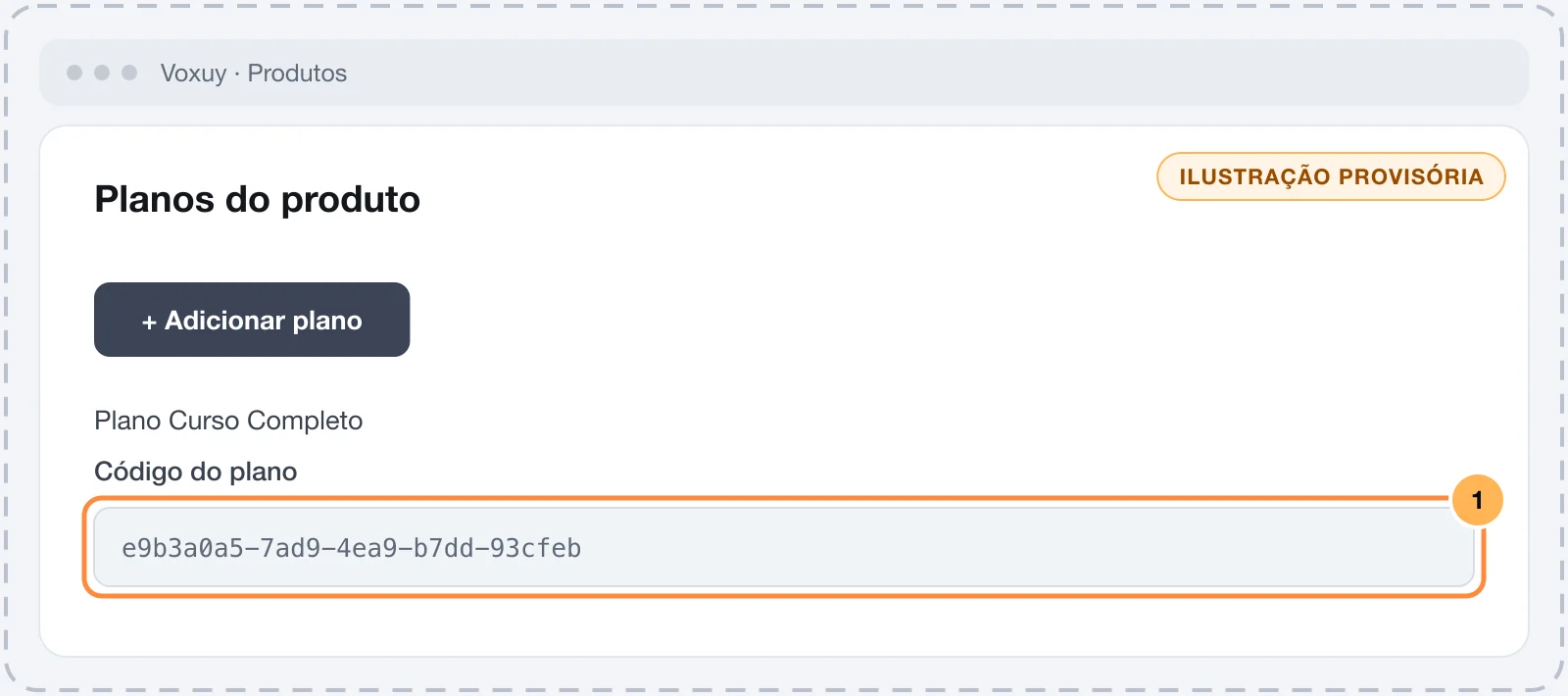 Plano de um produto na Voxuy com o código do plano destacado