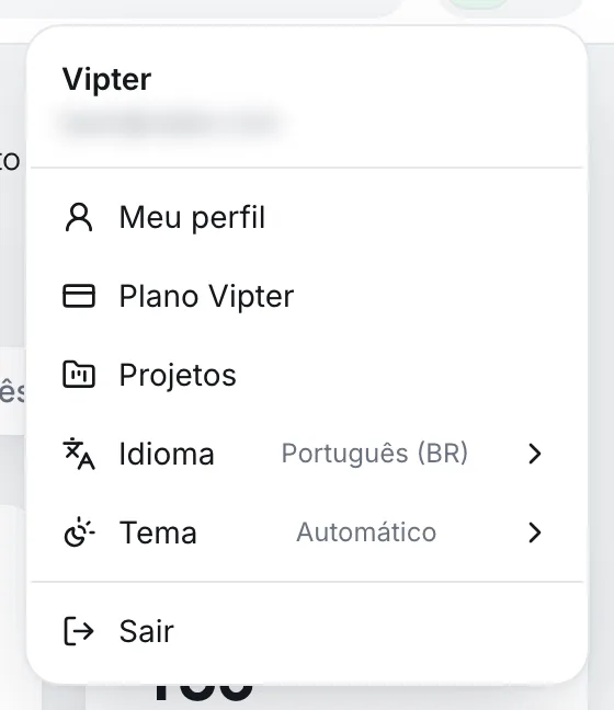 Menu da conta com Meu perfil, Plano Vipter, Projetos, Idioma, Tema e Sair