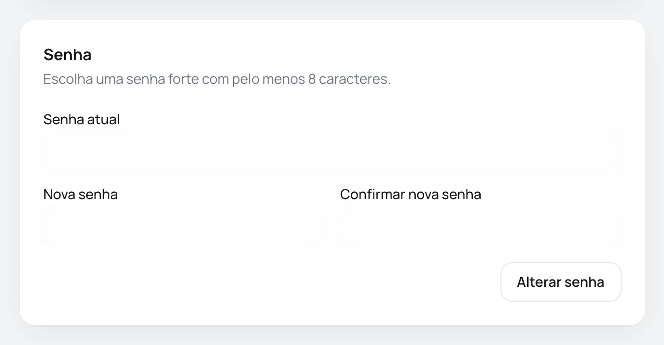 Card Senha com a senha atual, a nova senha e a confirmação