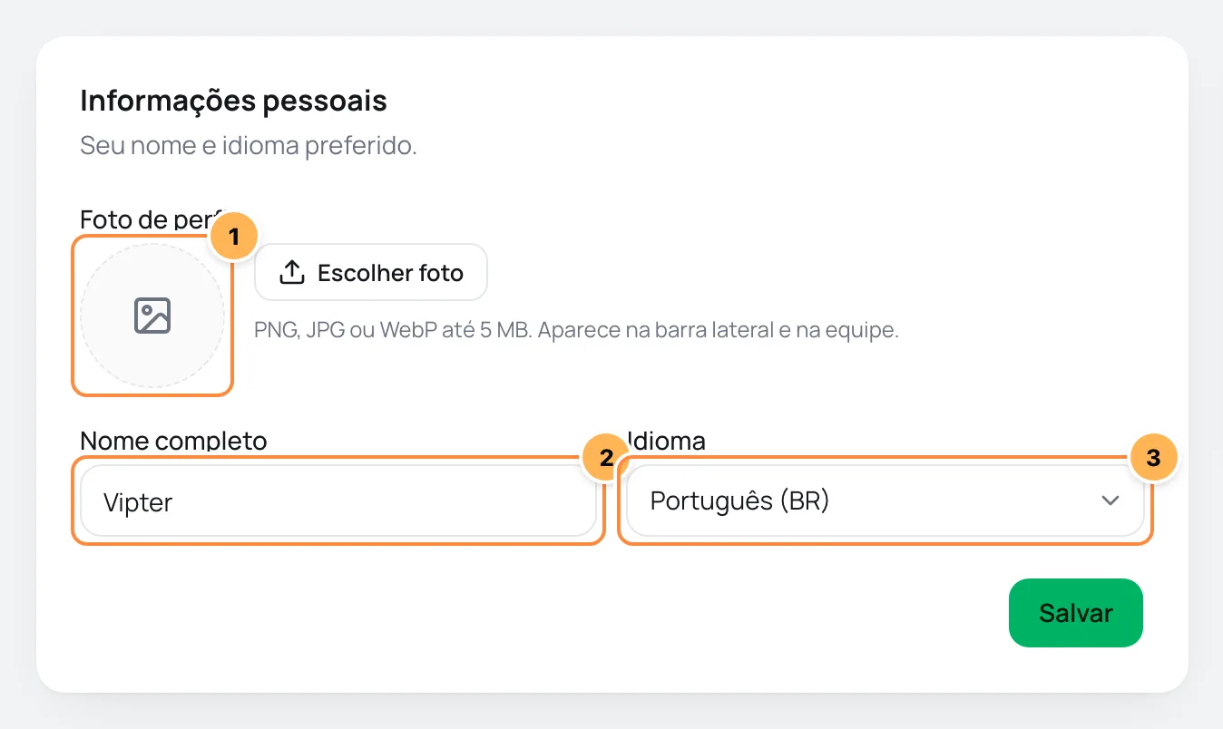 Card Informações pessoais com a foto, o nome completo e o idioma numerados