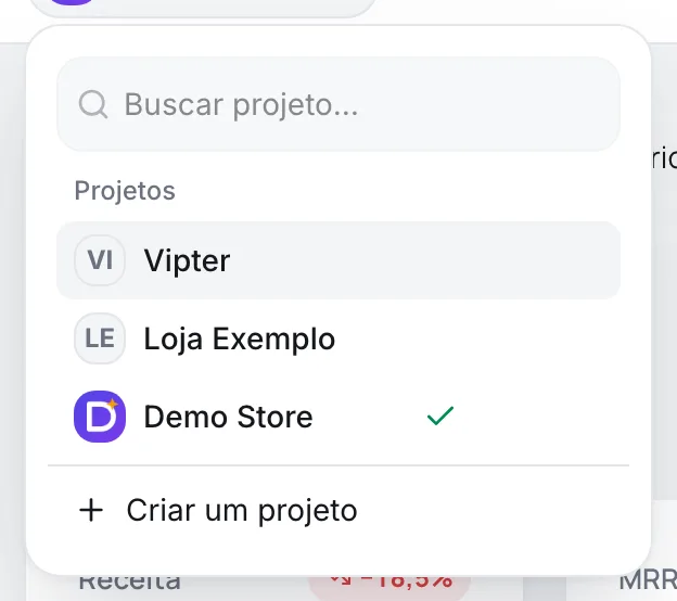 Seletor de projetos aberto com a busca, a lista de lojas e a opção Criar um projeto