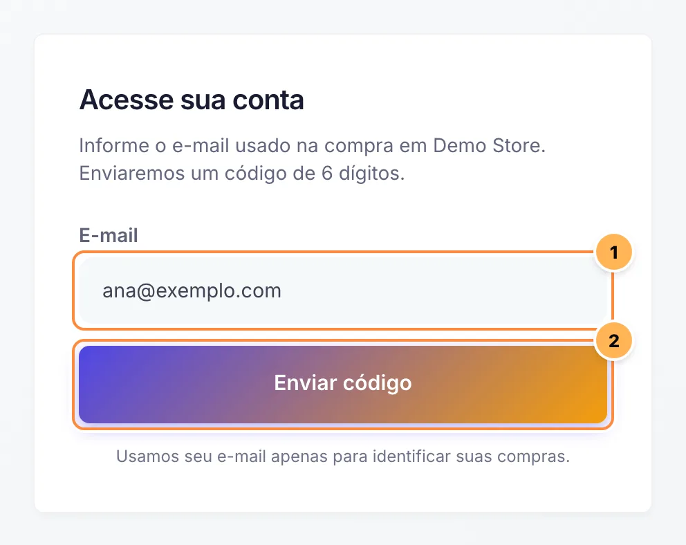 Tela Acesse sua conta com o campo E-mail preenchido e o botão Enviar código numerados
