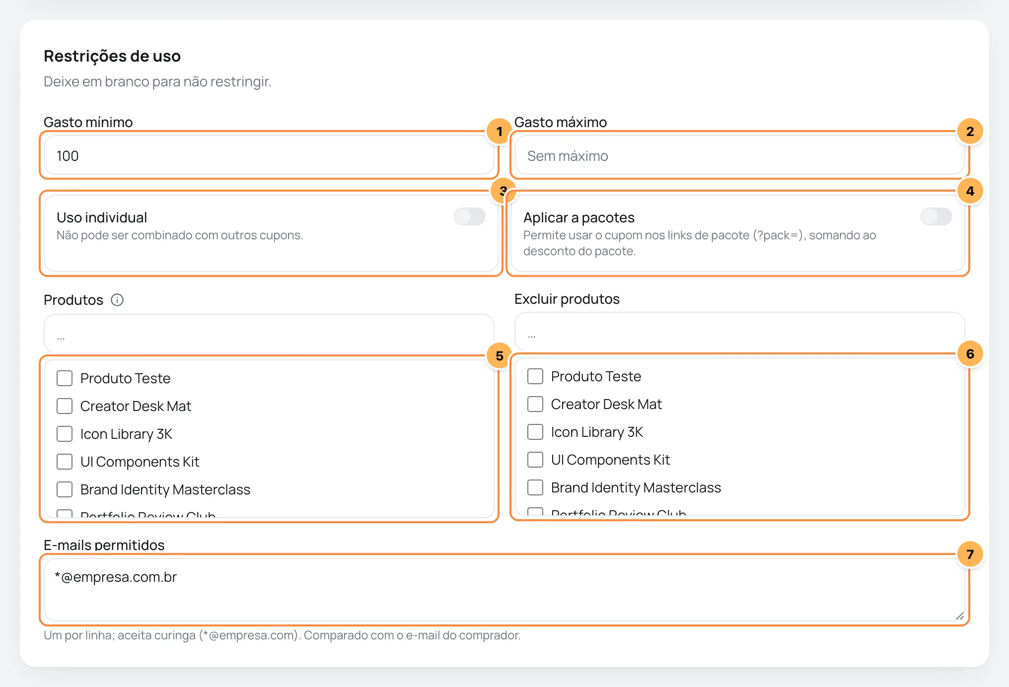 Card Restrições de uso com gasto mínimo e máximo, uso individual, aplicar a pacotes, produtos, produtos excluídos e e-mails permitidos numerados