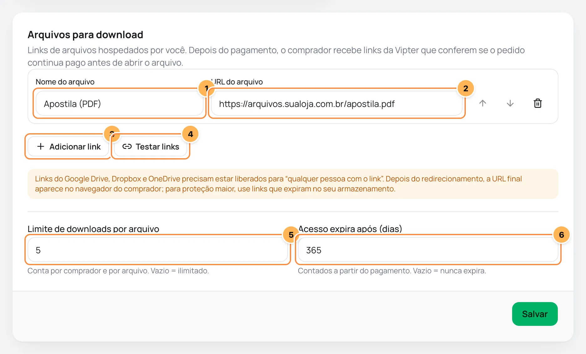 Card Arquivos para download com o nome e a URL de um arquivo, os botões Adicionar link e Testar links, o limite de downloads e a validade numerados