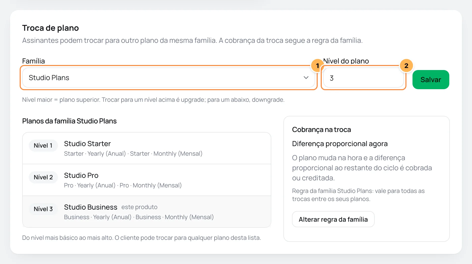 Aba Troca de plano de um produto com a família, o nível do plano, a lista de planos da família e a regra de cobrança