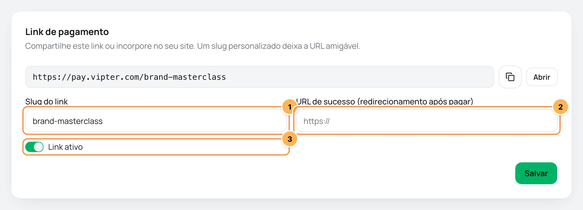 Card Link de pagamento da oferta com slug, URL de sucesso e Link ativo numerados