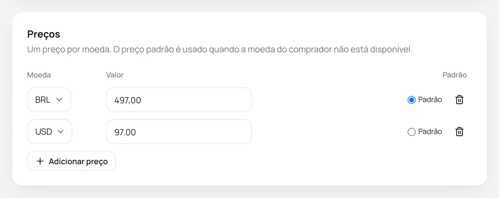 Card Preços de uma nova oferta com um preço em BRL marcado como padrão e outro em USD