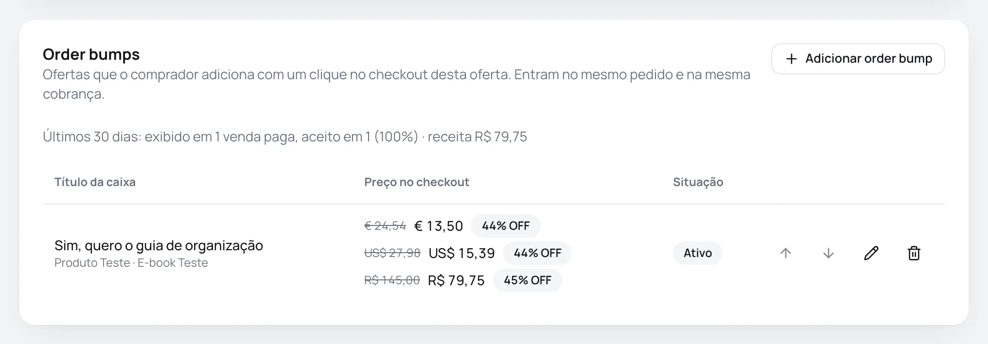Card Order bumps com a métrica dos últimos 30 dias e um bump ativo com o preço em três moedas