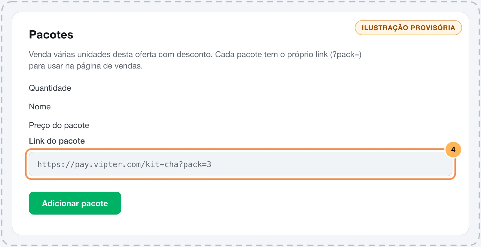 Card Pacotes de uma oferta com um pacote de 3 unidades, o preço com desconto e o link com ?pack=3
