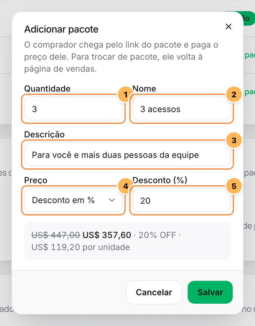 Janela Adicionar pacote com quantidade, nome, descrição, tipo de preço e desconto numerados e a prévia do preço