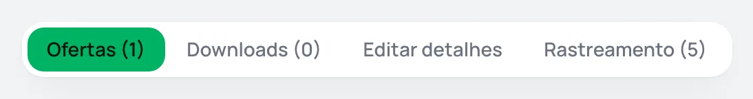 Abas da página de um produto do tipo Curso: Ofertas, Downloads, Editar detalhes e Rastreamento