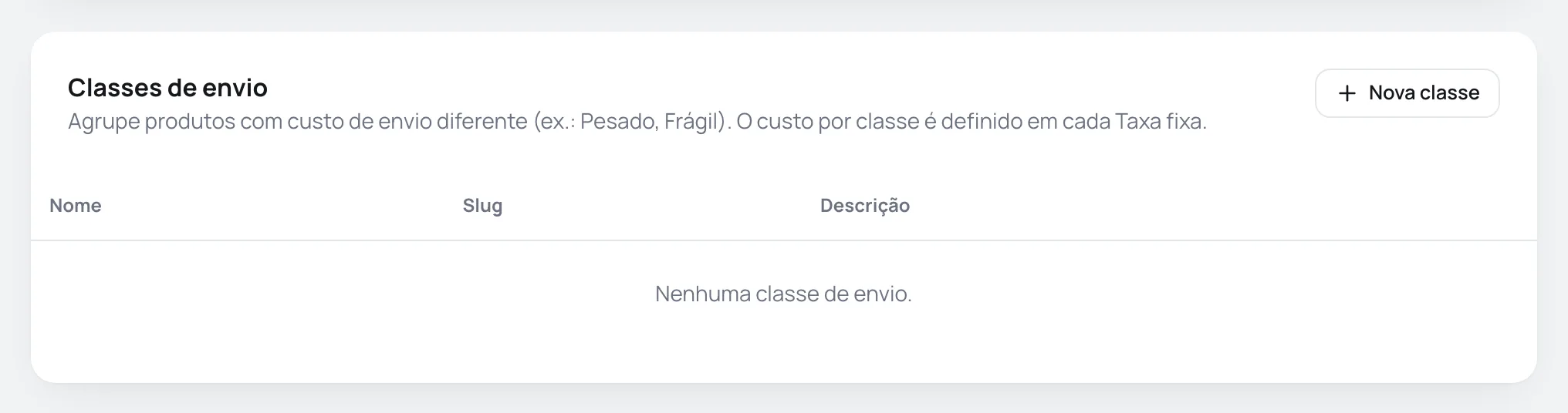 Card Classes de envio com o botão Nova classe e a lista vazia