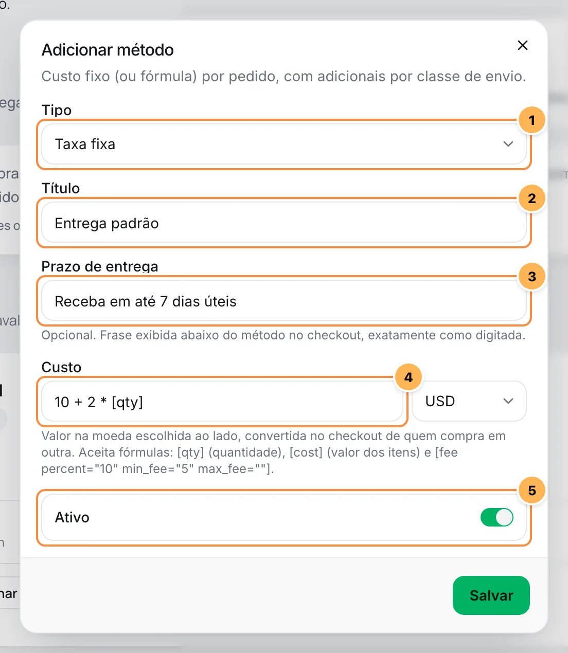 Janela Adicionar método do tipo Taxa fixa com título, prazo de entrega, custo em fórmula e o botão Ativo numerados