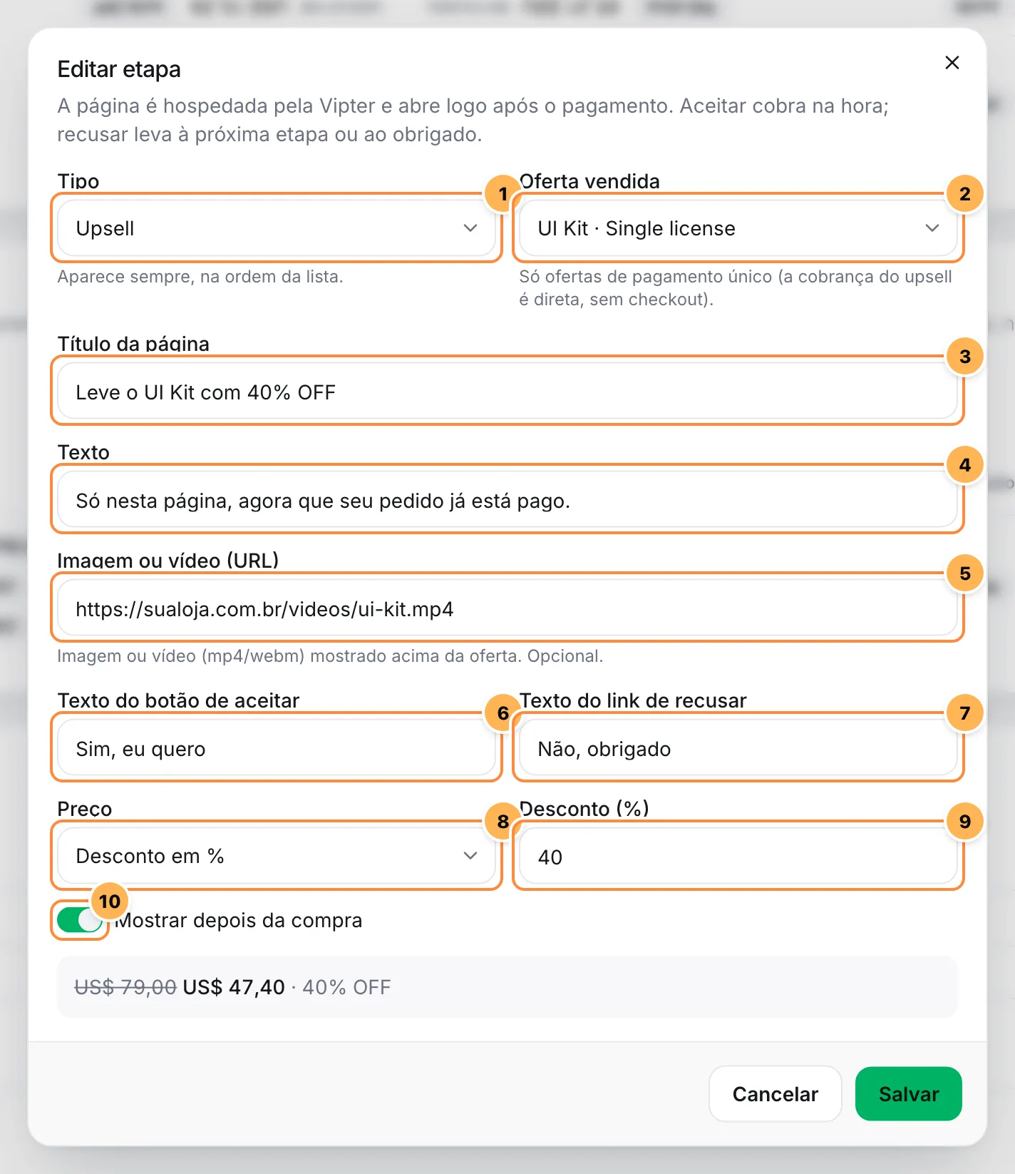 Janela de etapa do funil com tipo, oferta vendida, título, texto, mídia, textos dos botões, preço e o botão Mostrar depois da compra numerados