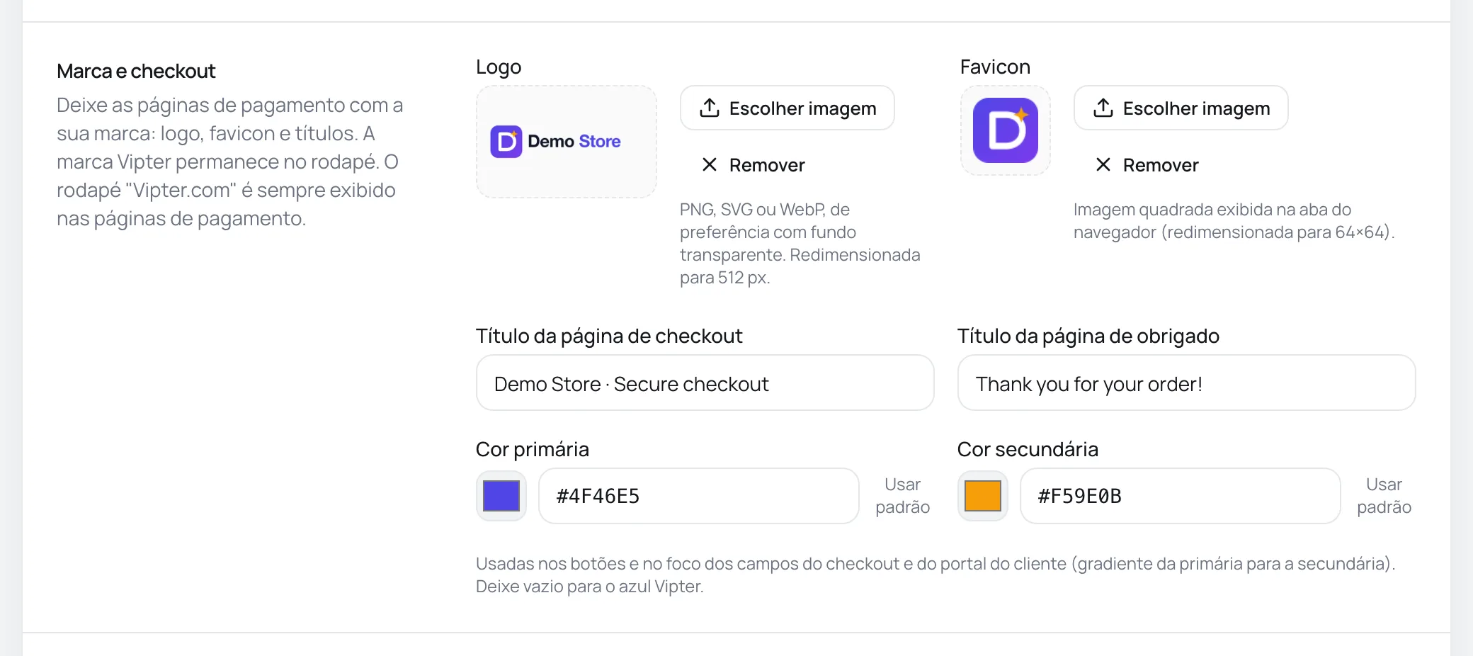 Card Marca e checkout com logo, favicon, títulos das páginas de checkout e de obrigado e as cores primária e secundária