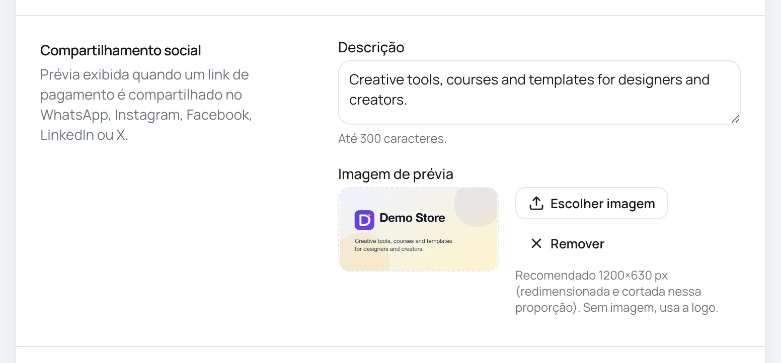Card Compartilhamento social com a descrição e a imagem de prévia