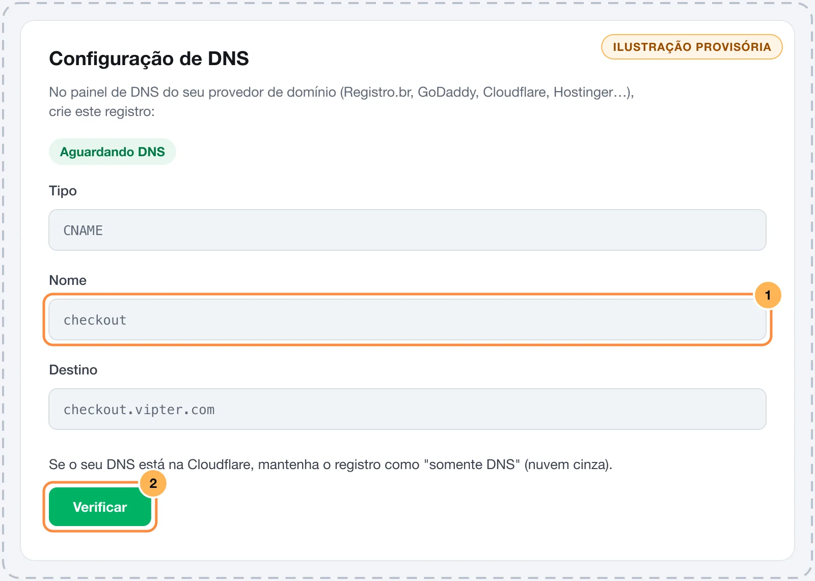 Instruções de DNS no Vipter com o registro CNAME e o botão Verificar