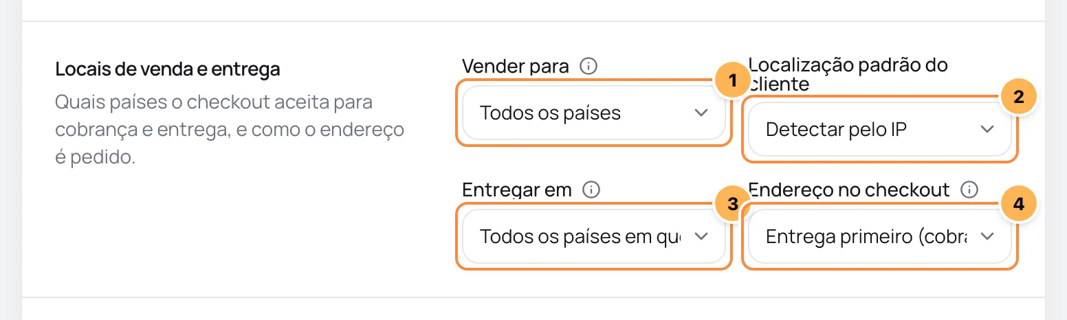 Card Locais de venda e entrega com os quatro seletores numerados