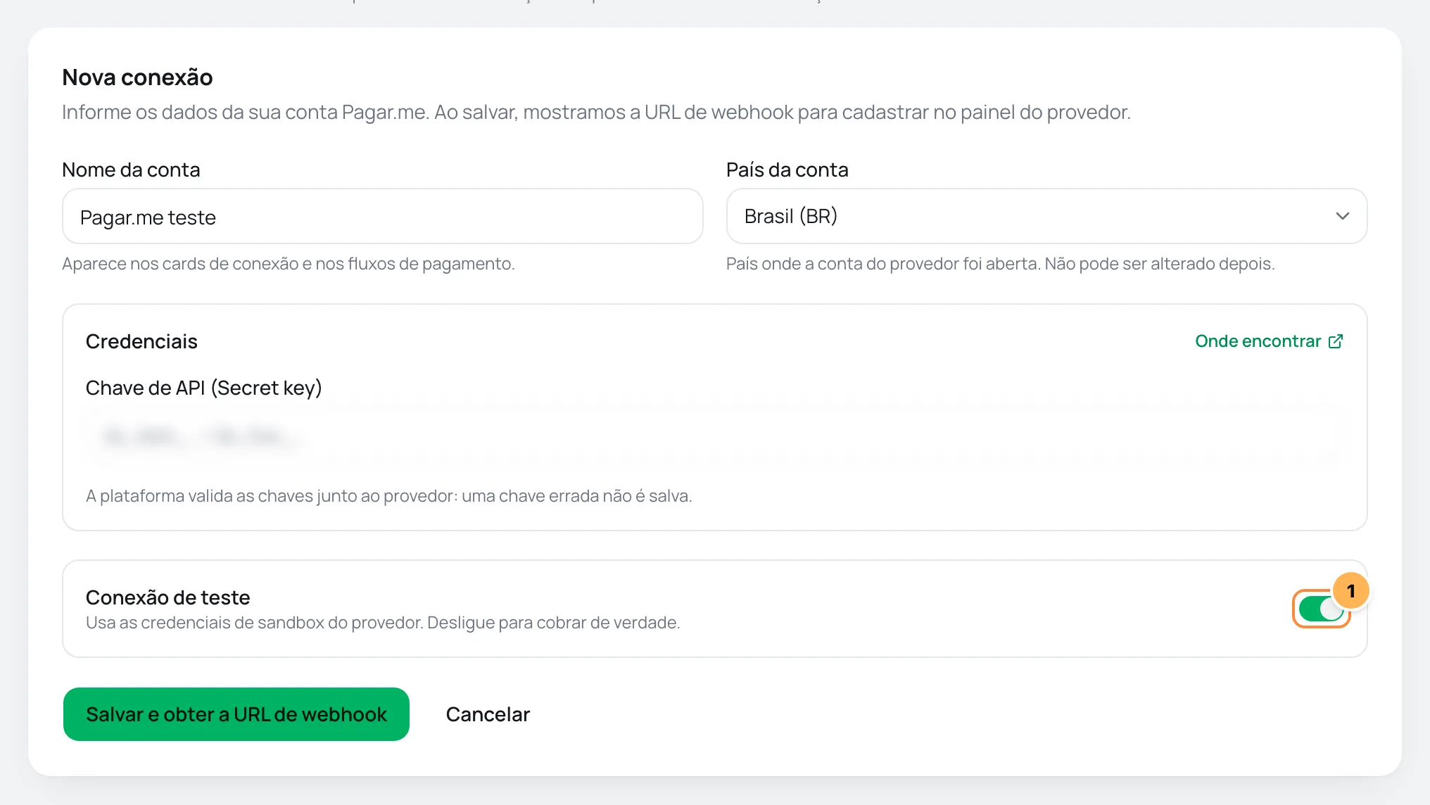 Formulário de nova conexão Pagar.me com o botão Conexão de teste ligado e destacado