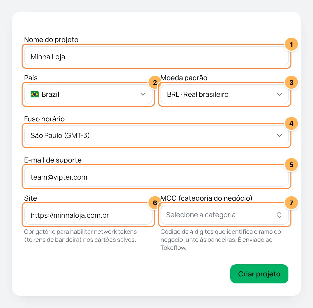 Formulário de criação de projeto no Vipter com os sete campos numerados