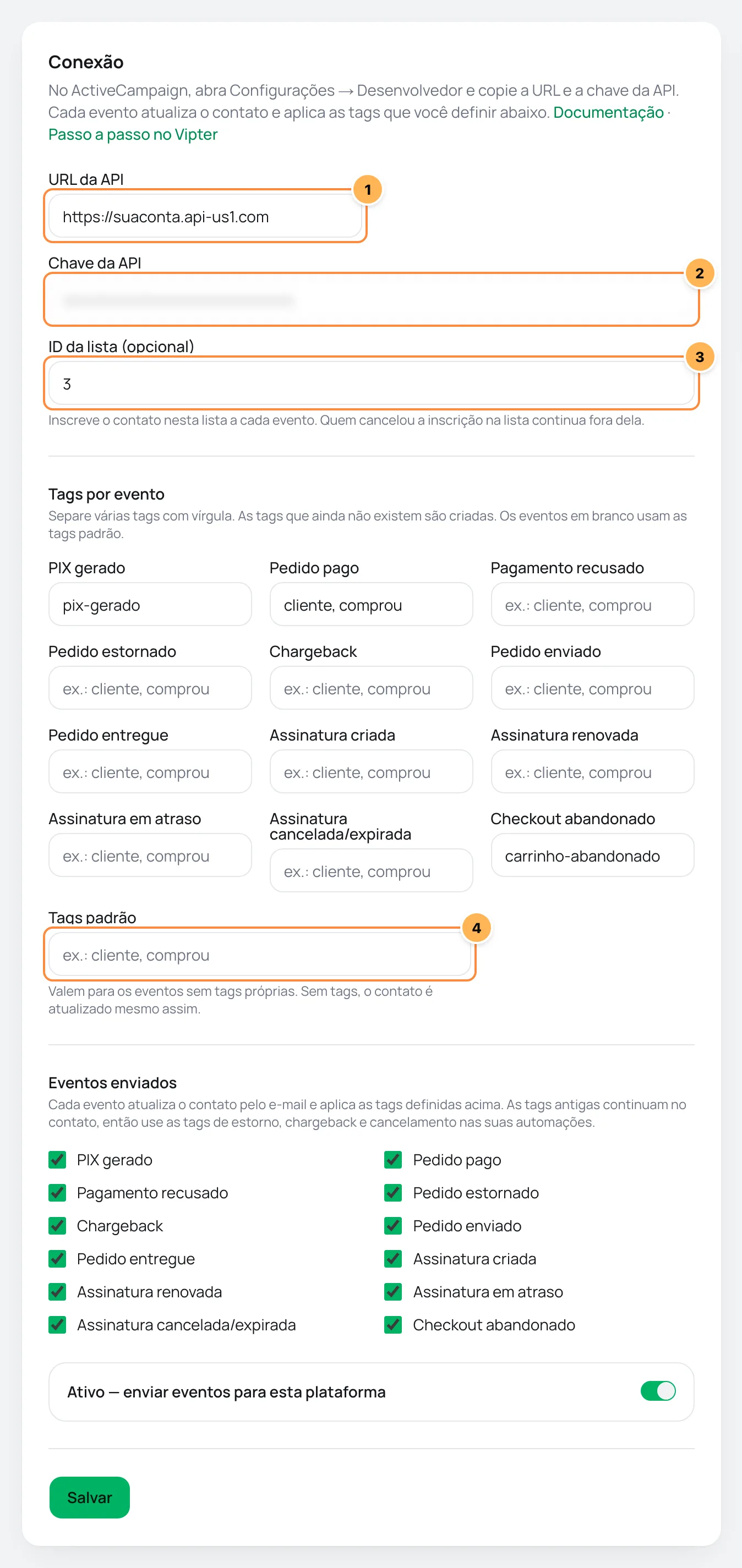 Cartão Conexão do ActiveCampaign no Vipter com a URL, a chave, o ID da lista, as tags por evento e as tags padrão