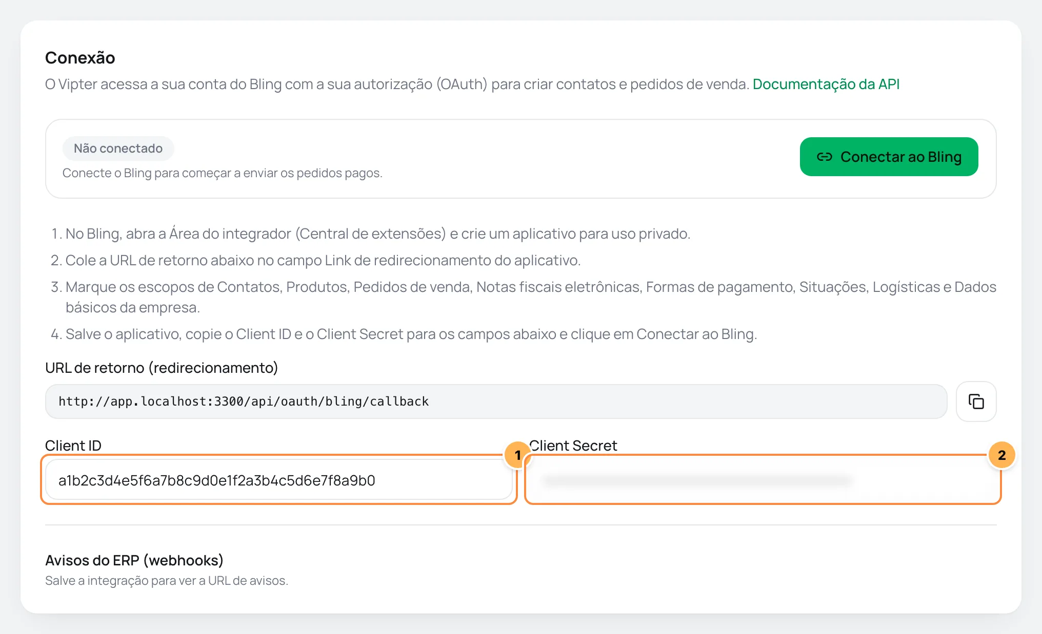 Card Conexão do Bling no Vipter com os passos do aplicativo, a URL de retorno e os campos Client ID e Client Secret numerados