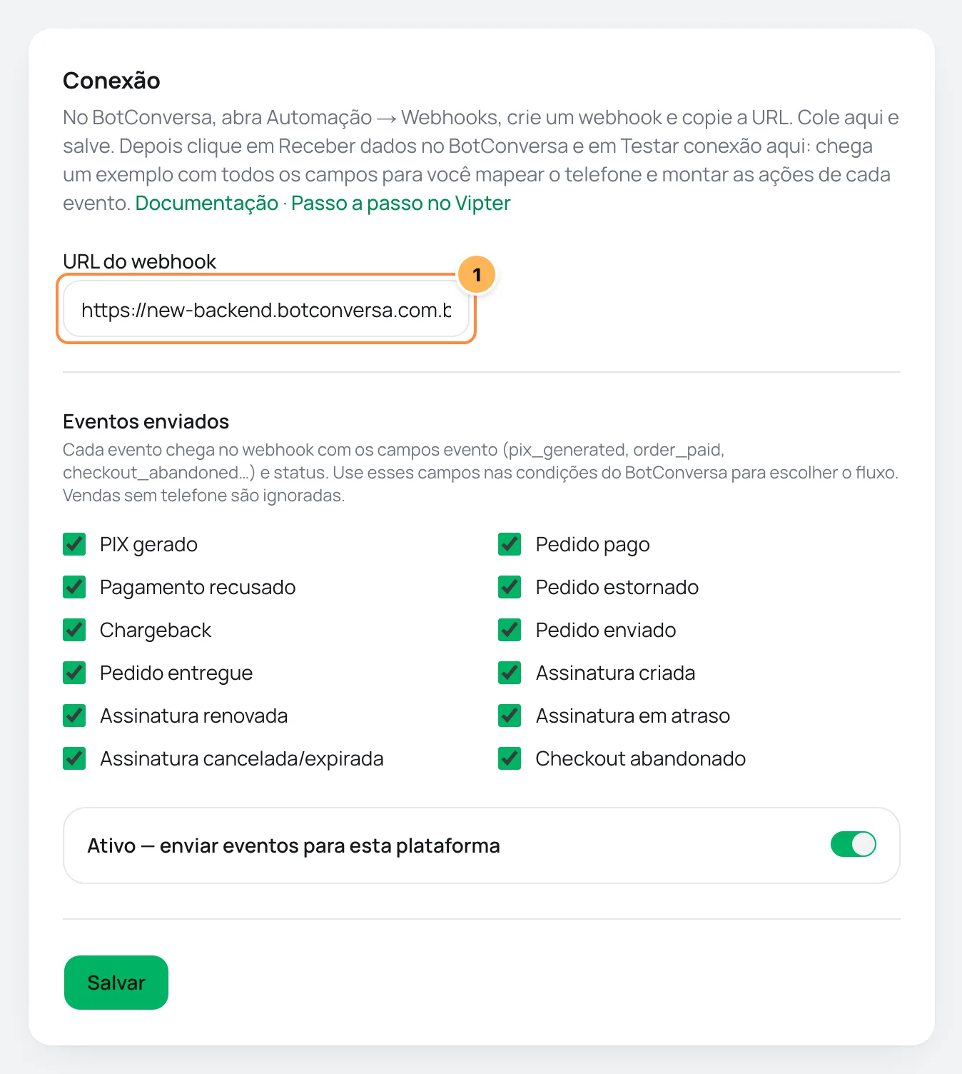 Cartão Conexão do BotConversa no Vipter com o campo URL do webhook numerado e a lista de eventos