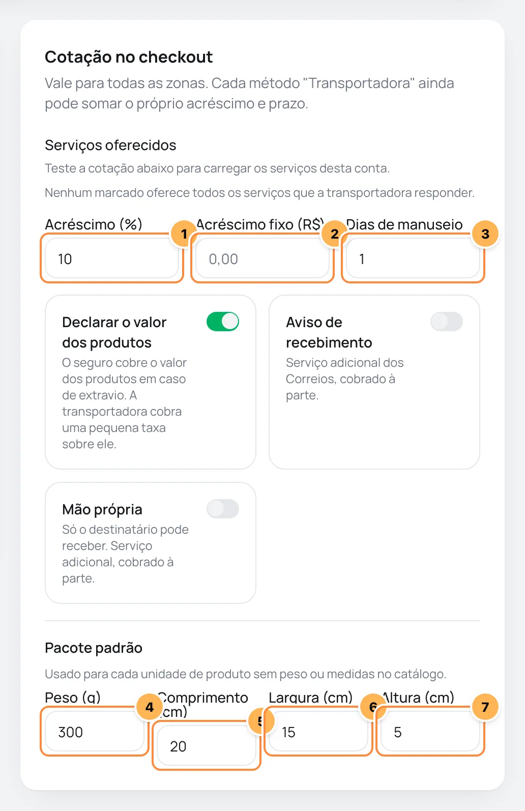 Card Cotação no checkout com os acréscimos, os dias de manuseio e o pacote padrão numerados