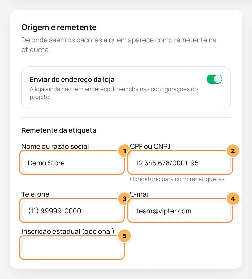 Card Origem e remetente com a chave do endereço da loja e os campos do remetente numerados