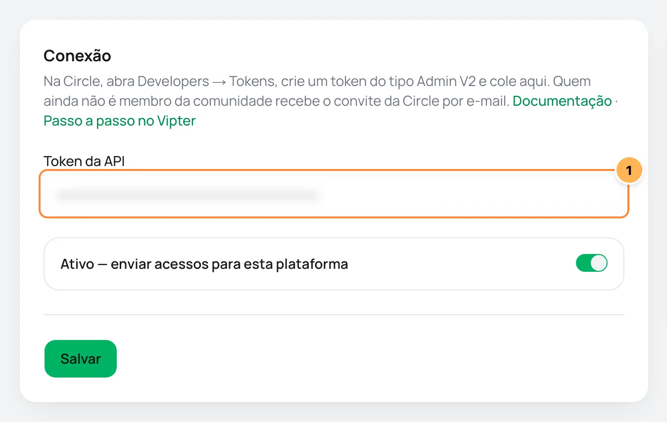 Cartão Conexão da Circle no Vipter com o campo do token numerado