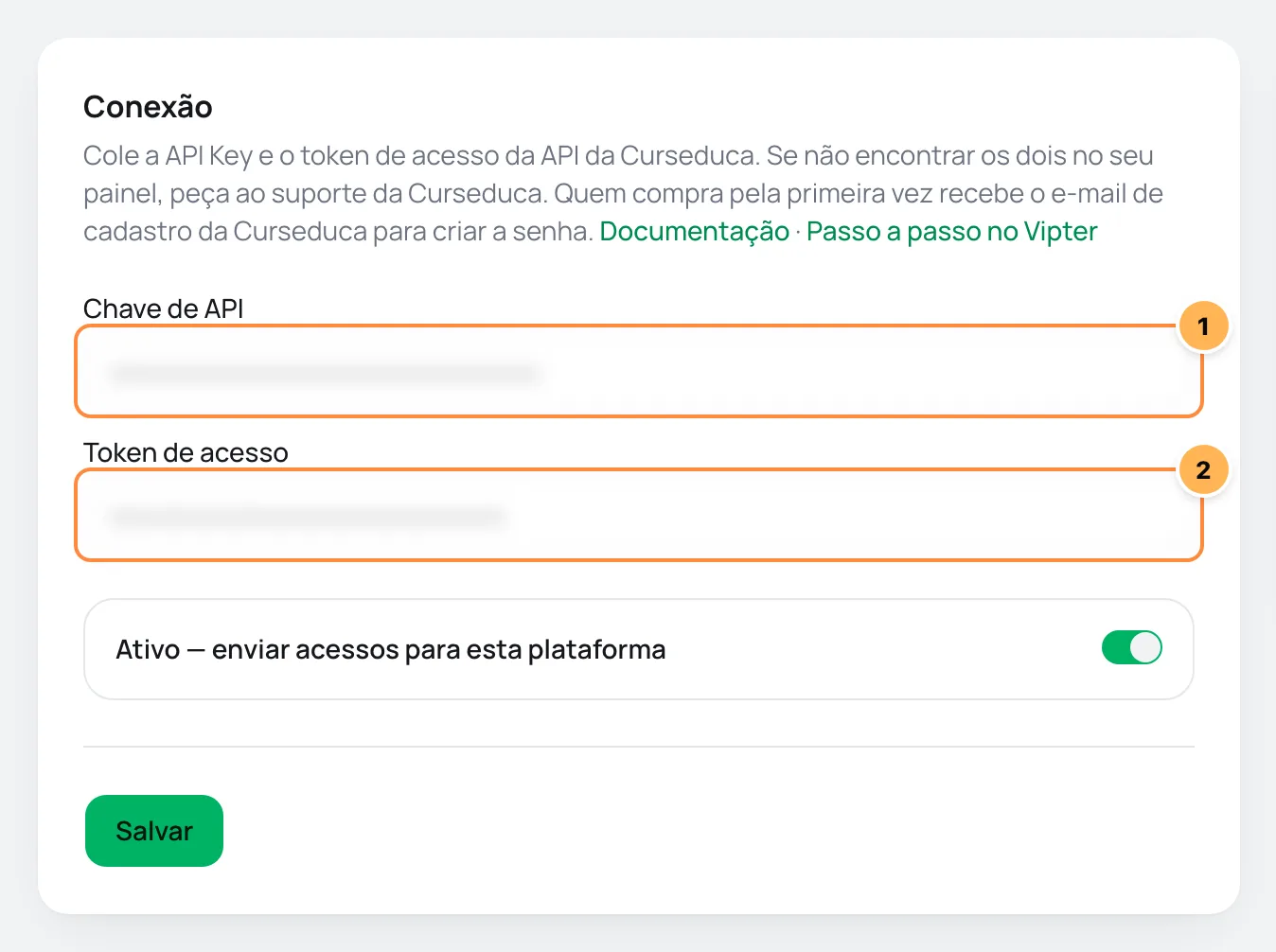 Cartão Conexão da Curseduca no Vipter com a chave de API e o token de acesso numerados